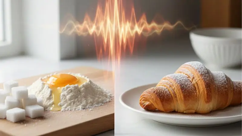 Composición visual de la reacción de Maillard: a la izquierda se muestran los reactivos (proteínas del huevo y azúcares), y a la derecha el producto final (un croissant dorado y aromático) tras ser sometidos a una fuente de calor central.