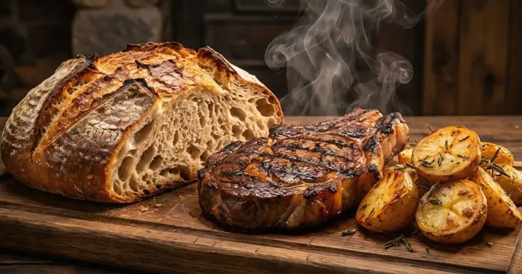 Selección de alimentos dorados por la reacción de Maillard como carne, pan y vegetales.