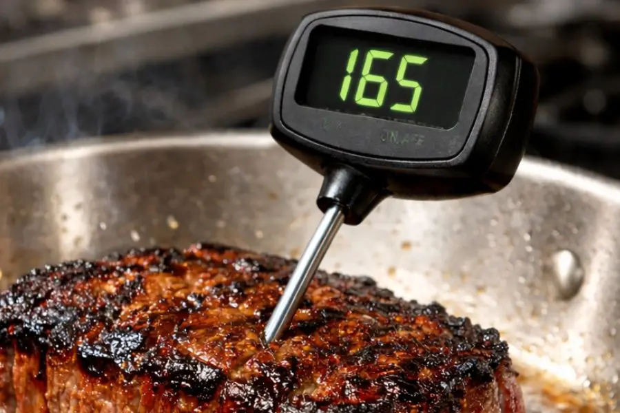 Termómetro de cocina marcando 165 grados en una sartén con carne.