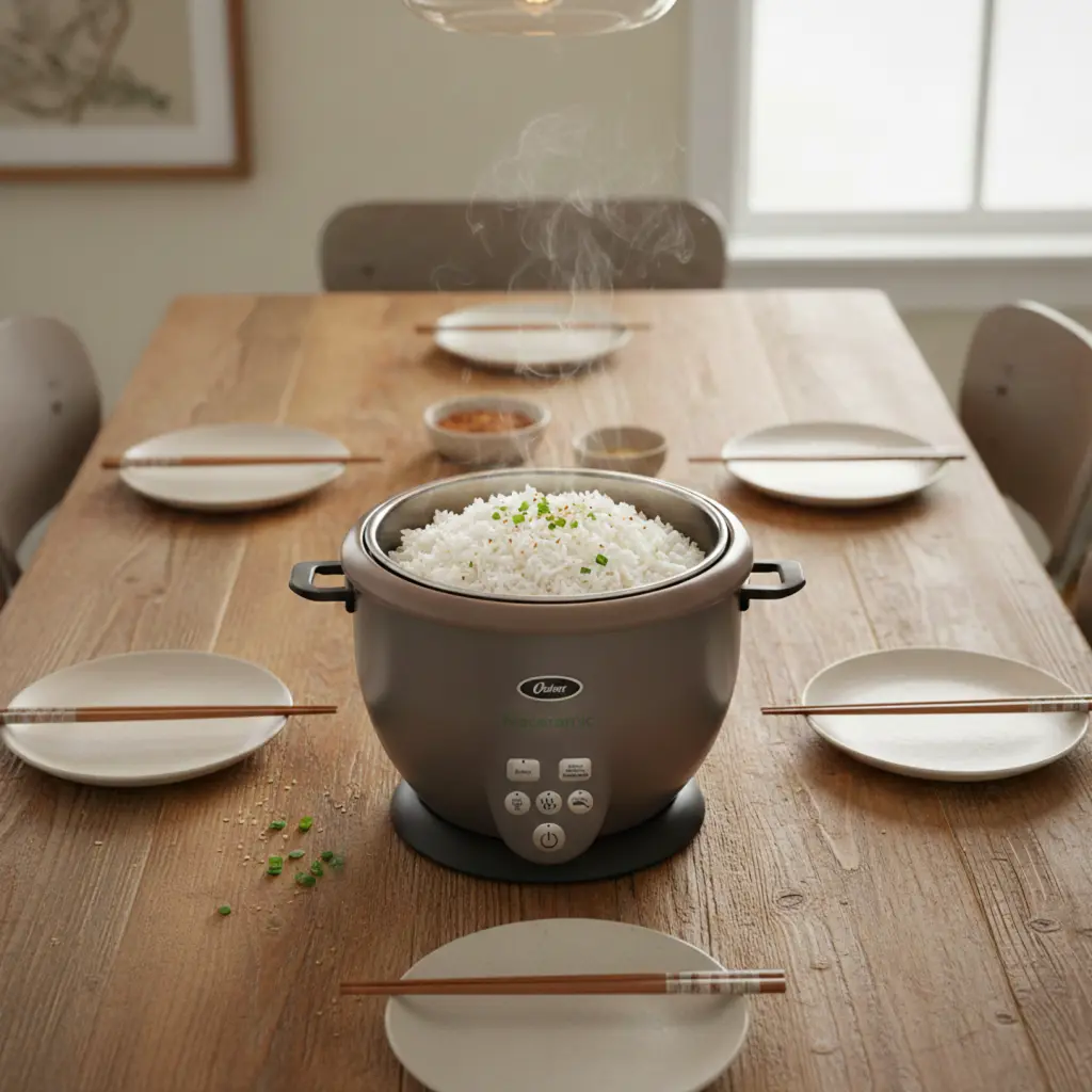 Arrocera Oster encima de una mesa, rodeada de 6 platos vacíos.