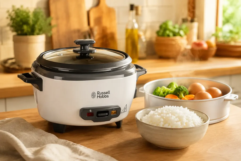 Arrocera Russell Hobbs 27030-56 junto a un bol de arroz blanco, verduras y huevos cocidos al vapor en una cocina doméstica.