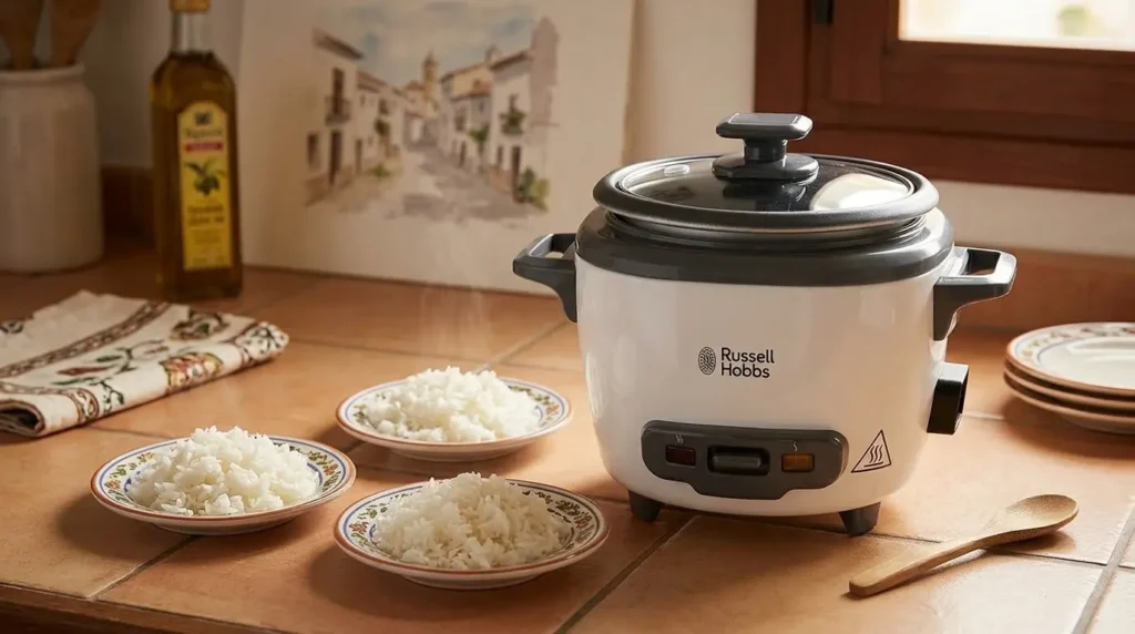 Una arrocera blanca Russell Hobbs 27020-56, con tapa de cristal se encuentra en una encimera de cocina con azulejos marrones. El logo de Russell Hobbs está visible en la parte delantera de la arrocera. Hay tres cuencos pequeños de arroz blanco cocido en la encimera, junto con una cuchara de madera. En el fondo, hay una botella de aceite de oliva, un paño de cocina y una pintura de un pueblo.