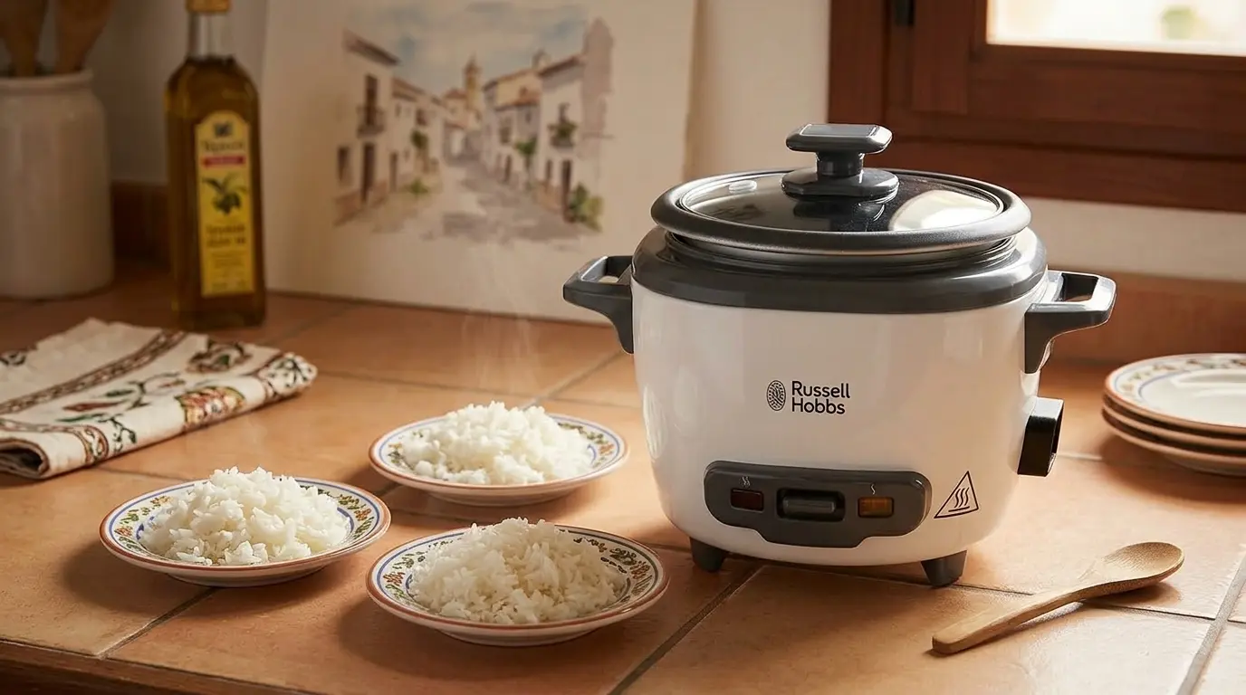 Una arrocera blanca Russell Hobbs 27020-56, con tapa de cristal se encuentra en una encimera de cocina con azulejos marrones. El logo de Russell Hobbs está visible en la parte delantera de la arrocera. Hay tres cuencos pequeños de arroz blanco cocido en la encimera, junto con una cuchara de madera. En el fondo, hay una botella de aceite de oliva, un paño de cocina y una pintura de un pueblo.