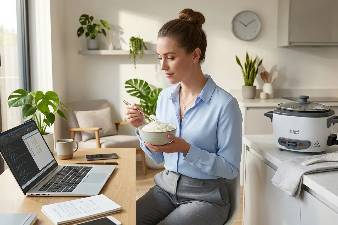 Mujer joven comiendo arroz en su apartamento pequeño mientras trabaja en la computadora.