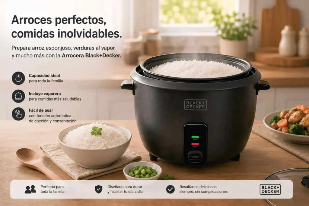 Arrocera negra Black & Decker en una encimera con arroz recién hecho junto a un plato de arroz servido.