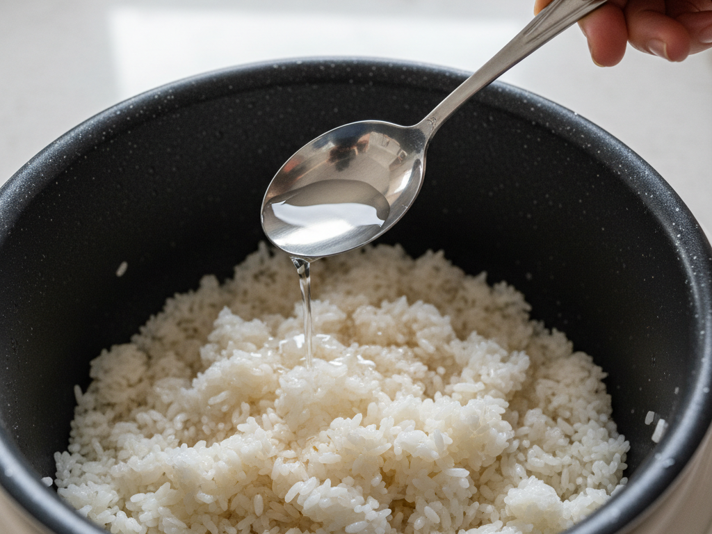 Persona añadiendo dos cucharadas de agua al arroz duro en la olla arrocera para arreglar la cocción.