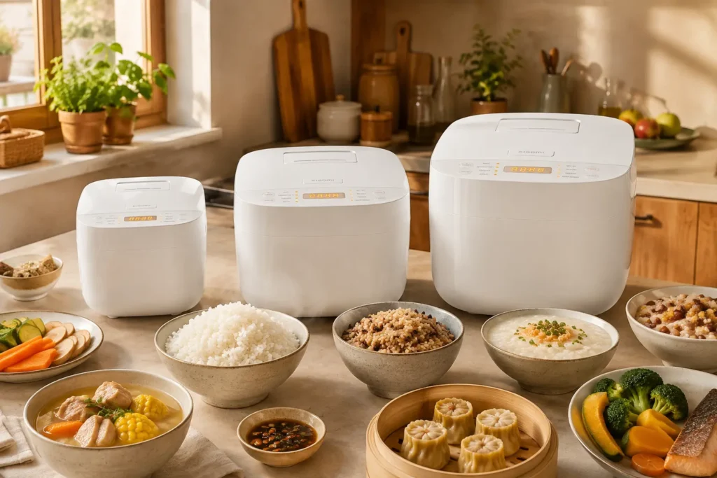 Arroceras Xiaomi de 1.5 L, 3 L y 4 L en una cocina moderna, acompañadas de arroz blanco, arroz multigrano, congee, sopa y alimentos al vapor`