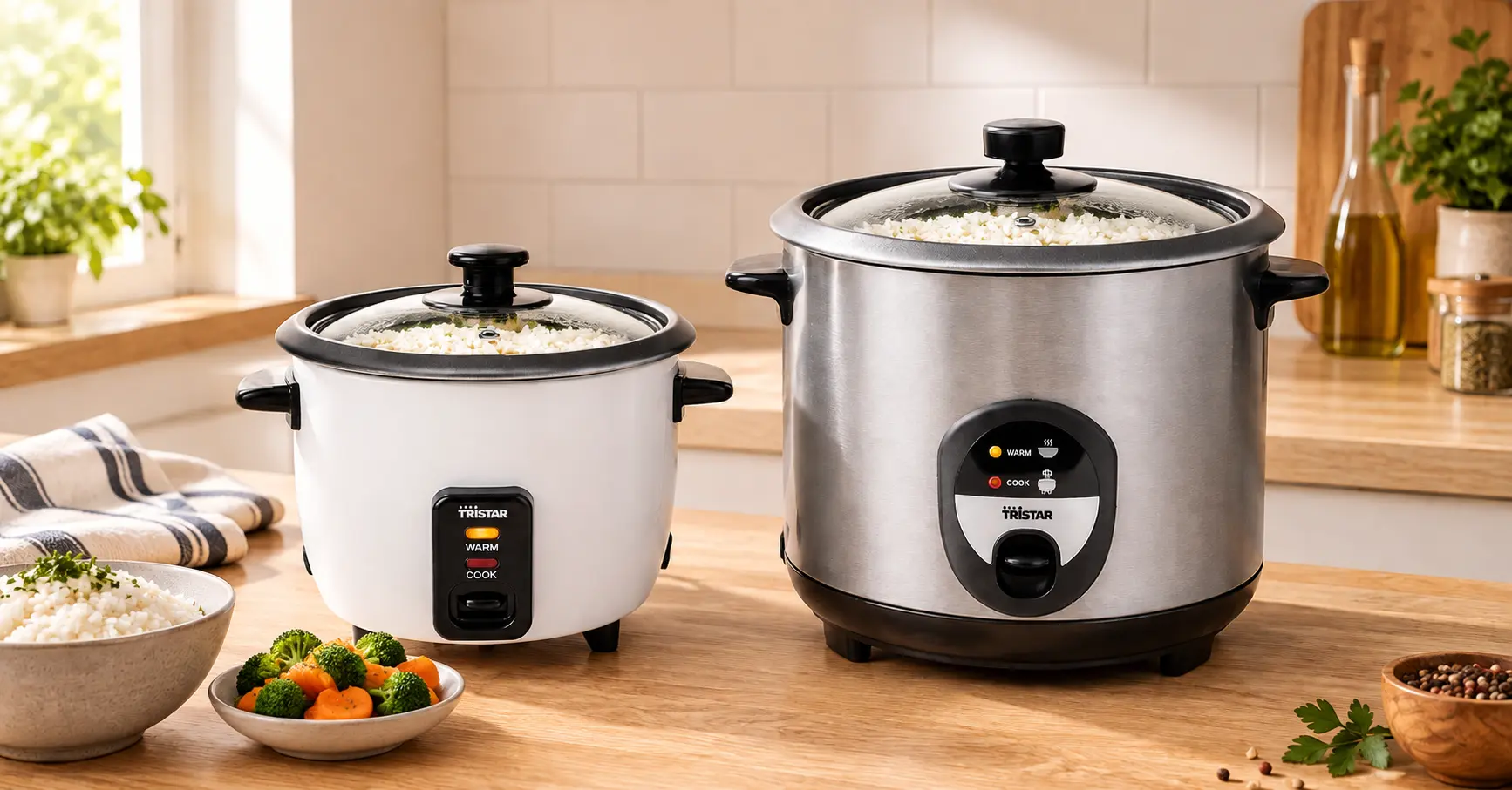 Dos arroceras eléctricas Tristar de 0,6 y 1,5 litros junto a un plato de verduras al vapor en una cocina moderna