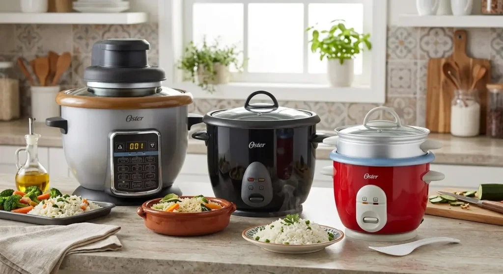 Tres modelos de arrocera Oster (mini roja 0,6L, negra 1,8L y gris multifunción 2,2L) con platos de arroz recién hecho en una cocina de estilo español.
