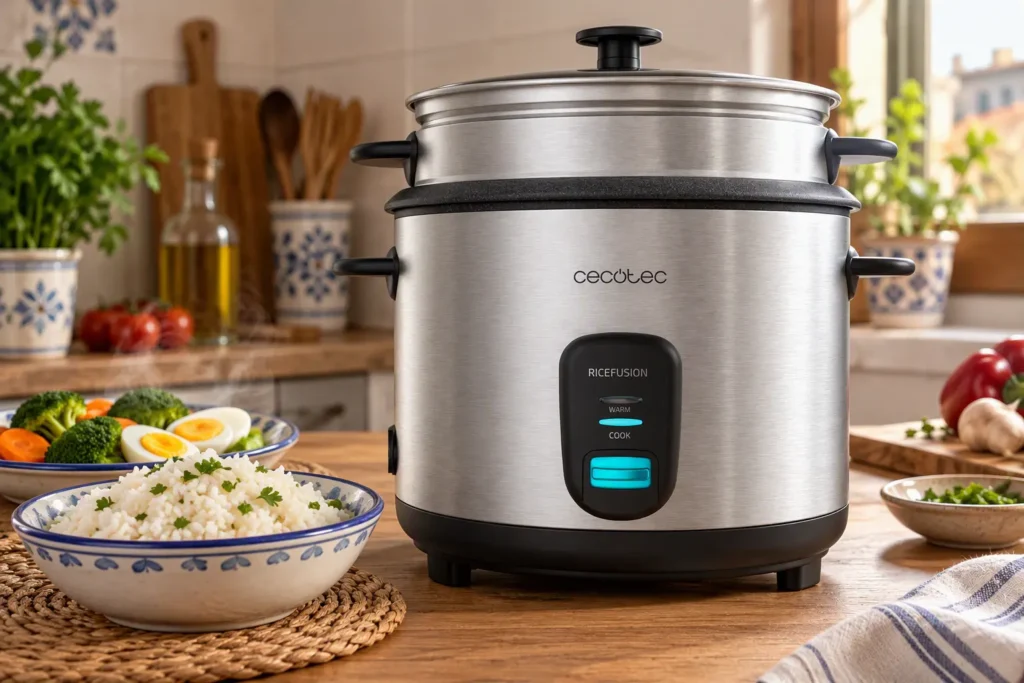 Arrocera Cecotec RiceFusion de acero inoxidable en una cocina española con un plato de arroz recién hecho, verduras al vapor y huevos cocidos sobre la encimera.