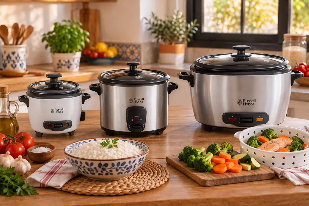 Tres arroceras Russell Hobbs en una cocina, con un cuenco de arroz cocido, verduras frescas y un cestillo de vapor con brócoli, zanahoria y salmón al vapor sobre una mesa de madera.