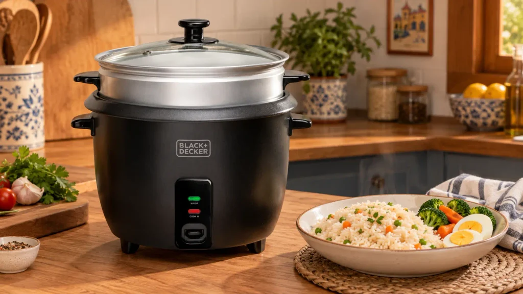 Arrocera Black+Decker de 1,8 litros en una cocina española con arroz recién preparado